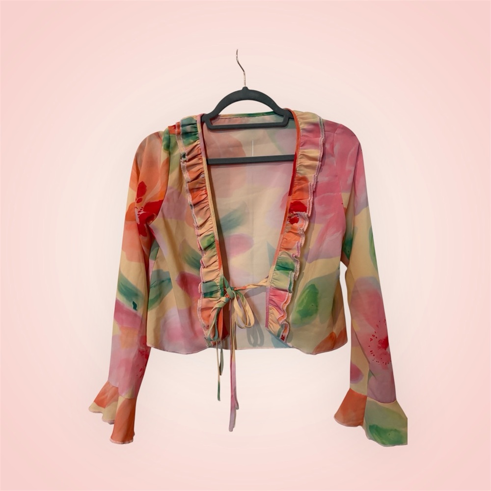 Pink floral mesh cardigan with tie-front